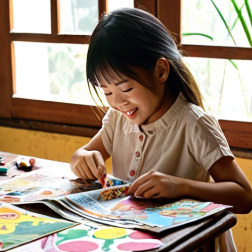 Home 19 **
A sun-drenched afternoon scene inside a Vietnamese home. A young girl is carefully cutting out paper doll clothes from an old magazine. Colorful crayons and paper scraps litter the table, indicating a creative mess. The girl is focused and happy, embodying the joy of crafting. The style should evoke a nostalgic, slightly grainy photograph.
**