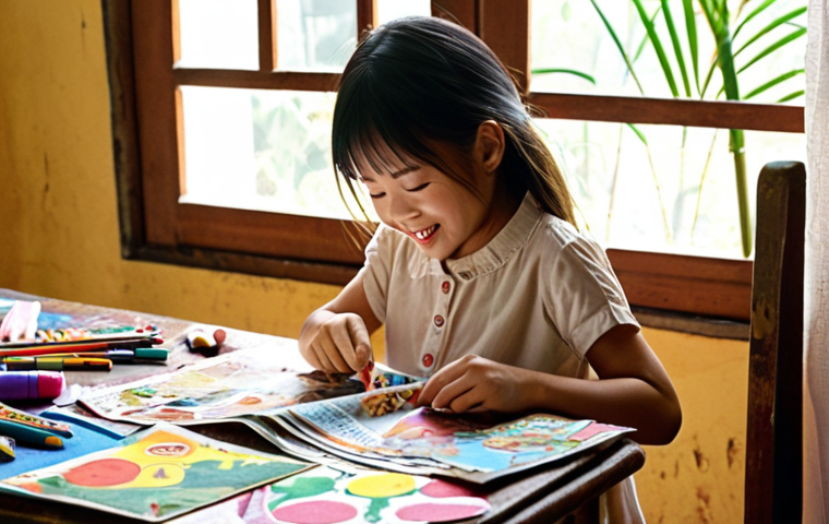 **
A sun-drenched afternoon scene inside a Vietnamese home. A young girl is carefully cutting out paper doll clothes from an old magazine. Colorful crayons and paper scraps litter the table, indicating a creative mess. The girl is focused and happy, embodying the joy of crafting. The style should evoke a nostalgic, slightly grainy photograph.
**