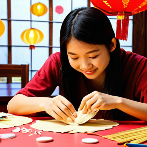 Home 18 **
A vibrant, colorful display of Vietnamese youth creating handmade paper crafts at home. Showcased crafts include Japanese-style paper lanterns, intricate paper quilling art, and complex 3D paper models. The scene is filled with crafting supplies and has a cozy, creative atmosphere, highlighting the trend of using paper crafts for home decoration and handmade gifts in Vietnam. Focus on warm lighting and happy, engaged faces.
**