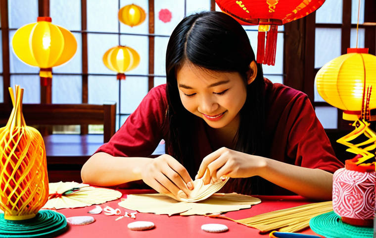 **

A vibrant, colorful display of Vietnamese youth creating handmade paper crafts at home. Showcased crafts include Japanese-style paper lanterns, intricate paper quilling art, and complex 3D paper models. The scene is filled with crafting supplies and has a cozy, creative atmosphere, highlighting the trend of using paper crafts for home decoration and handmade gifts in Vietnam. Focus on warm lighting and happy, engaged faces.

**