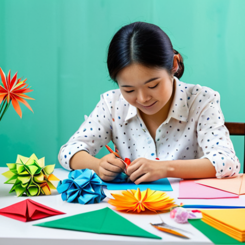 Home 9 **
"A young Vietnamese woman crafting origami flowers in a brightly lit studio in Hanoi, surrounded by colorful paper, scissors, and craft supplies, fully clothed, appropriate attire, safe for work, perfect anatomy, natural proportions, professional photography, high quality, family-friendly, modest."
**