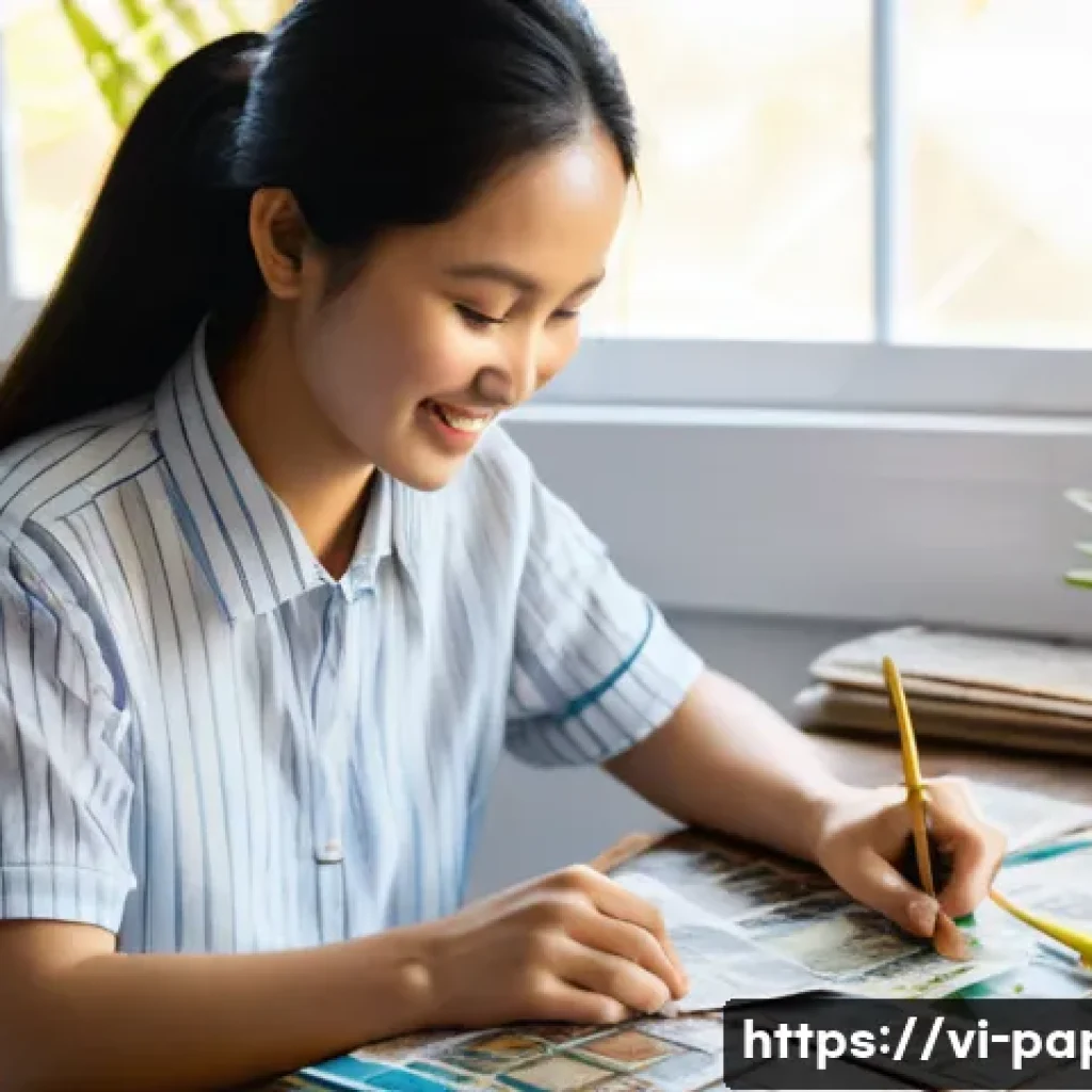 종이 아트 콜라주 기법 - **Prompt 1: Vietnamese Eco-Friendly Collage Artist at Work**
    "A young Vietnamese woman, in her l...