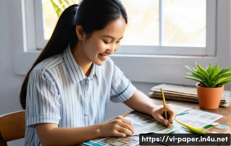 종이 아트 콜라주 기법 - **Prompt 1: Vietnamese Eco-Friendly Collage Artist at Work**
    "A young Vietnamese woman, in her l...