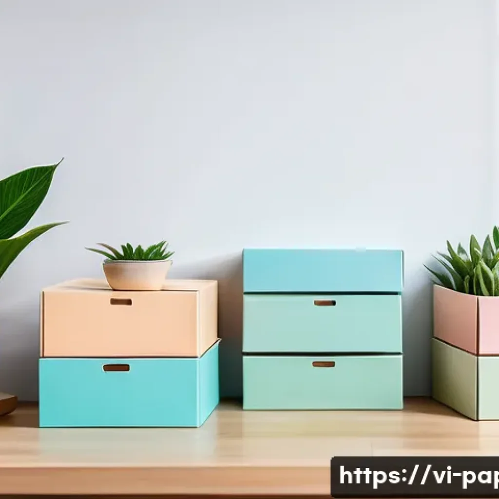 종이로 만든 정리함 - A modern Vietnamese office workspace featuring neatly organized paper storage boxes made from recycl...