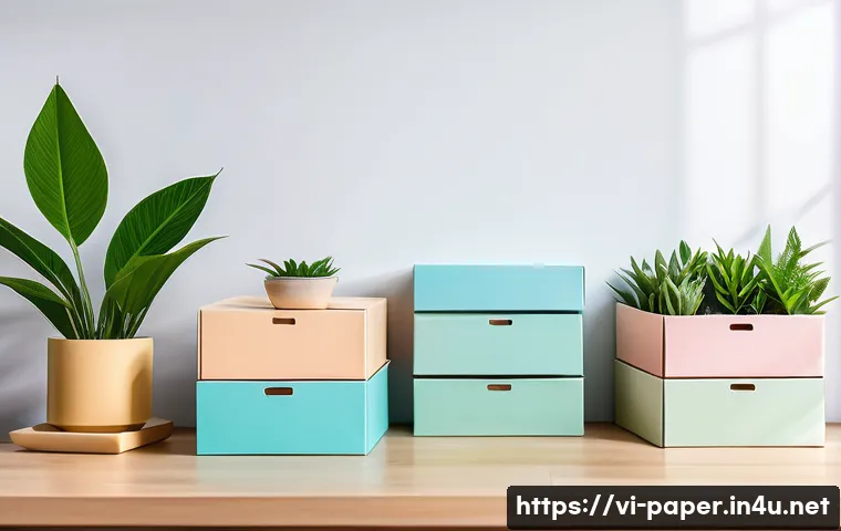 종이로 만든 정리함 - A modern Vietnamese office workspace featuring neatly organized paper storage boxes made from recycl...