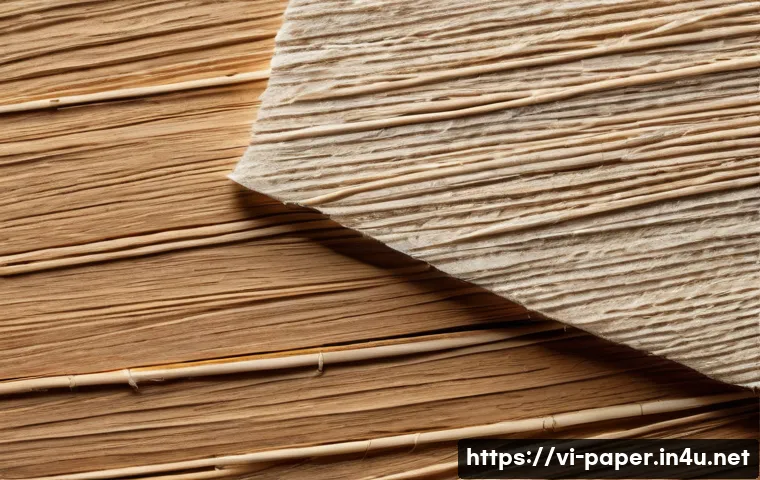 종이공예 포트폴리오 - A detailed close-up of traditional Vietnamese handmade paper made from dó tree fibers, showing the r...