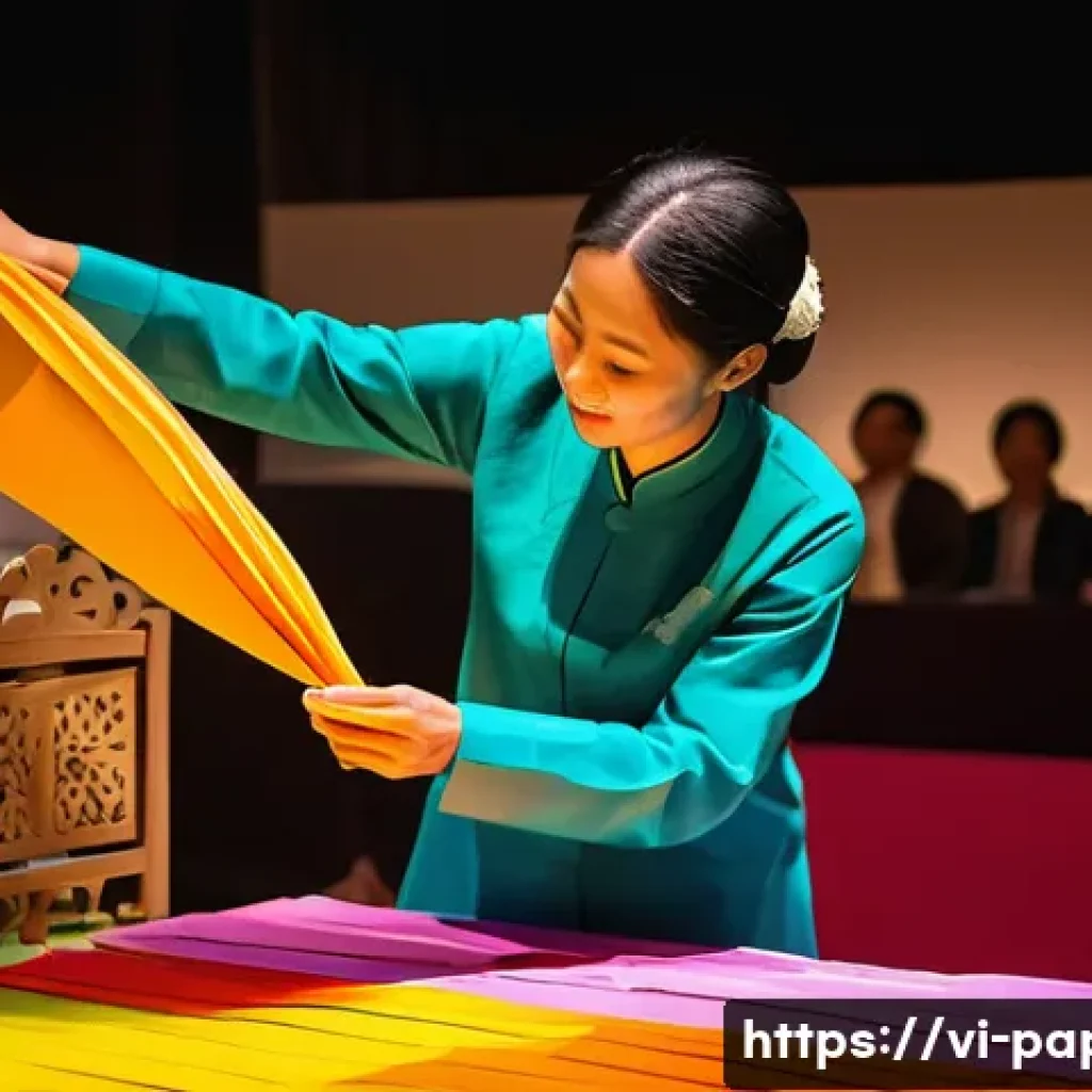 종이 아트 퍼포먼스 - A detailed scene of a skilled paper artist performing live on stage, carefully folding colorful hand...