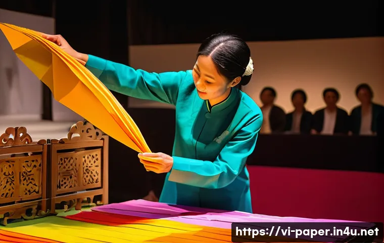 종이 아트 퍼포먼스 - A detailed scene of a skilled paper artist performing live on stage, carefully folding colorful hand...