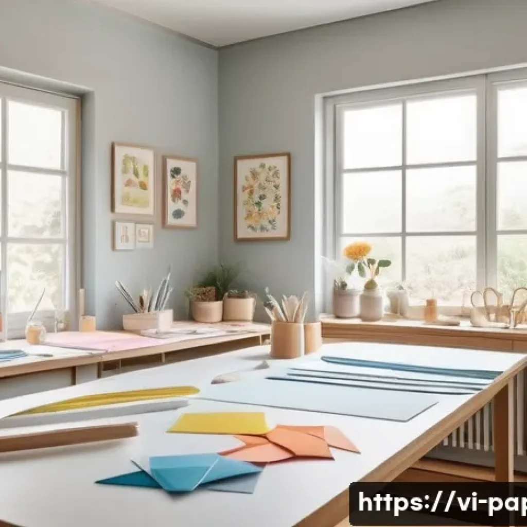 종이공예 디자인 학습 - A bright, well-lit craft workspace featuring natural sunlight streaming through large windows, neatl...