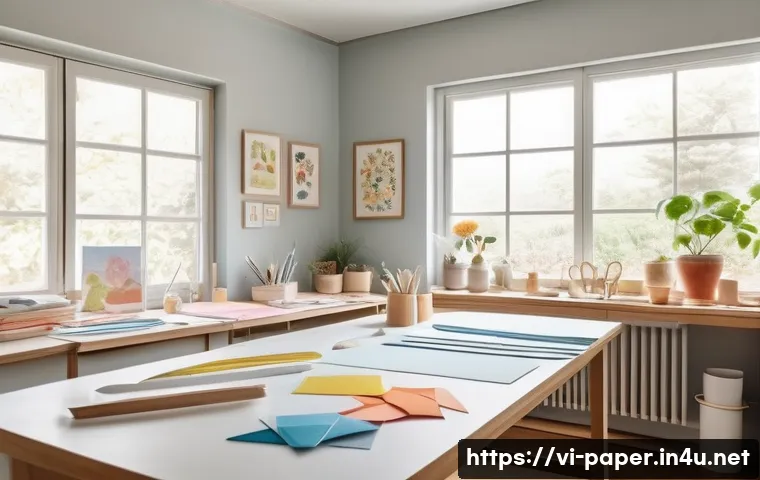 종이공예 디자인 학습 - A bright, well-lit craft workspace featuring natural sunlight streaming through large windows, neatl...