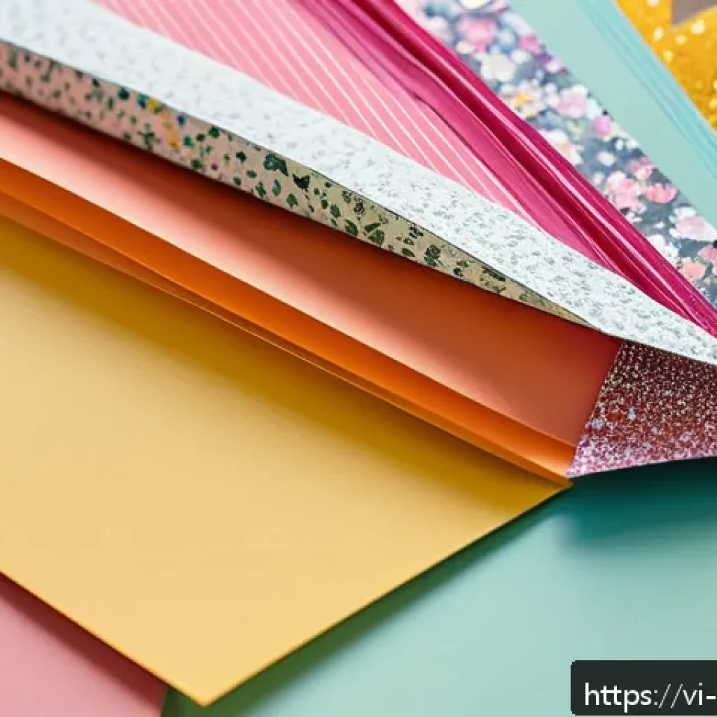 종이공예 팁과 트릭 - A detailed close-up of a creative paper crafting workspace featuring various types of paper includin...