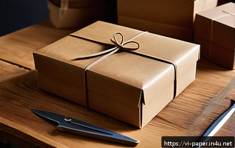 종이공예 워크숍 - A detailed close-up of a vintage-style gift box made from thick, natural brown kraft paper with visi...
