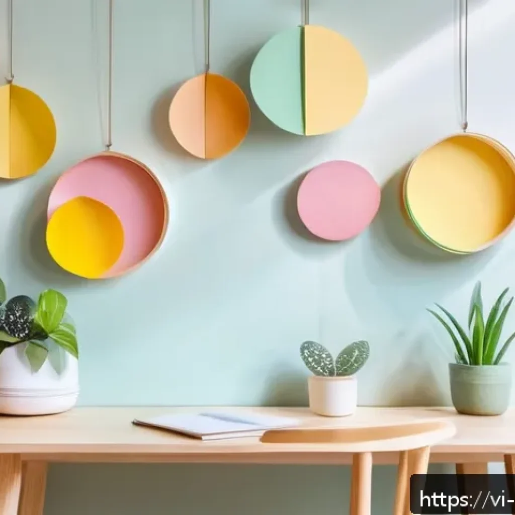 종이 아트 인테리어 - A modern minimalist interior room featuring delicate pastel-colored paper decorations: simple geomet...