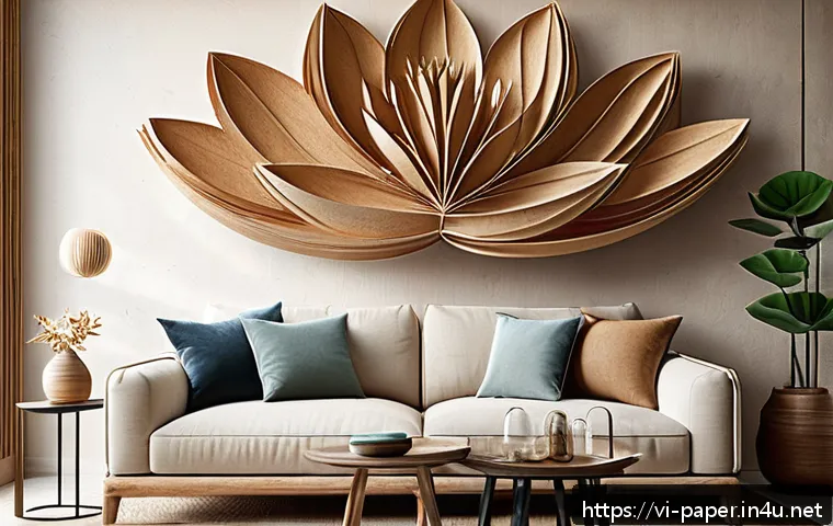 종이로 만든 인테리어 소품 - A cozy living room interior featuring a large 3D lotus flower wall art made from layered kraft paper...