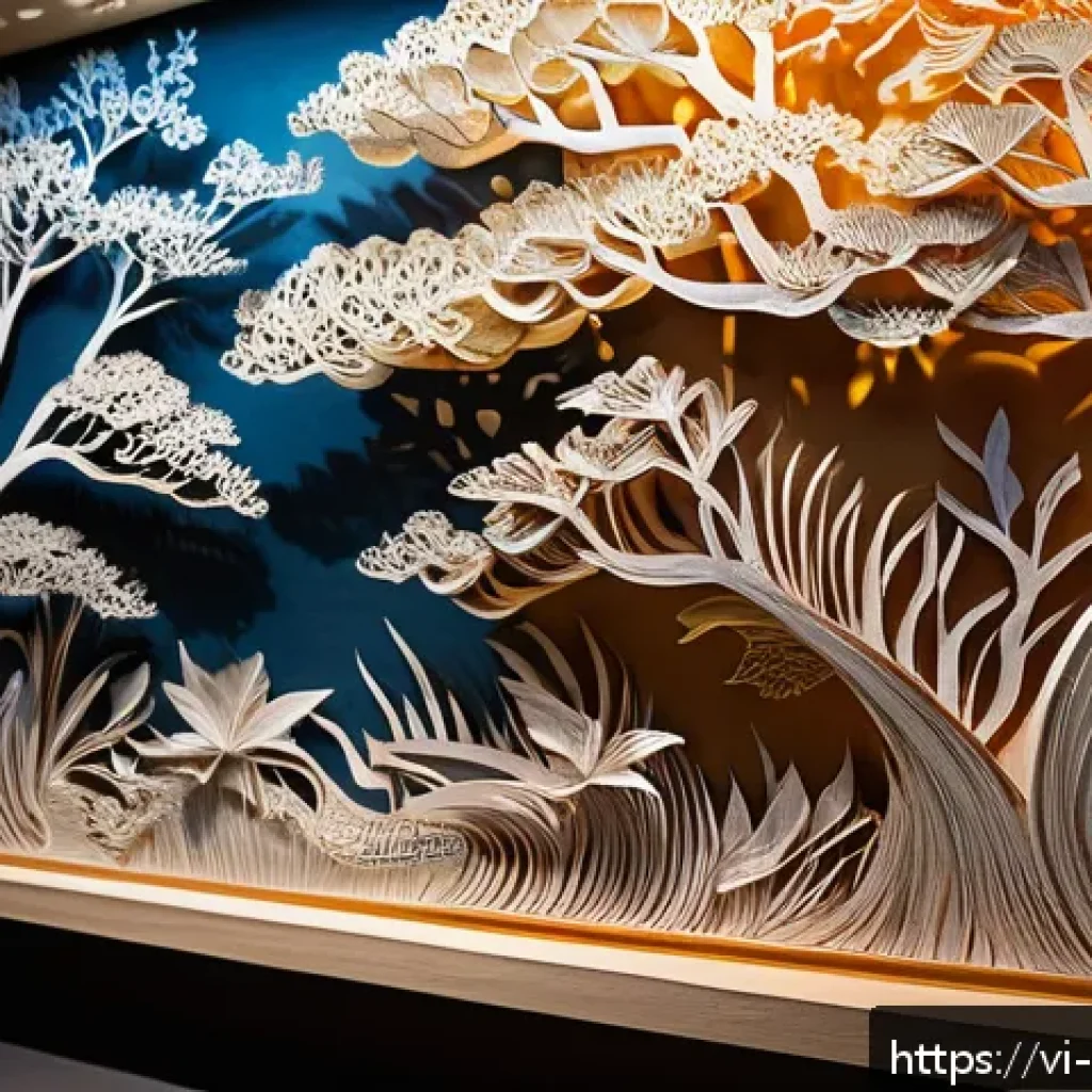 종이공예 작품 전시 - A highly detailed contemporary paper art installation showcasing layered paper carving techniques, f...