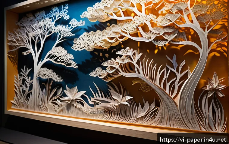 종이공예 작품 전시 - A highly detailed contemporary paper art installation showcasing layered paper carving techniques, f...