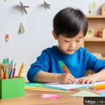 Home 22 종이공예로 아이들 놀잇감 만들기 - A bright and cheerful scene of a young child wearing colorful clothes and safety scissors with round...