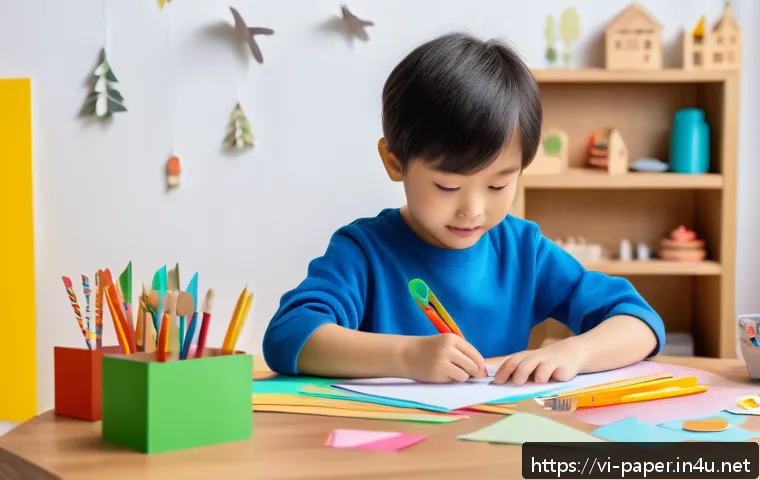종이공예로 아이들 놀잇감 만들기 - A bright and cheerful scene of a young child wearing colorful clothes and safety scissors with round...