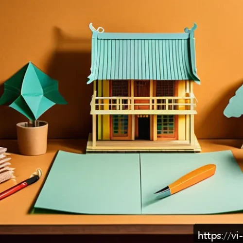 Home 33 3D 종이모델 만들기 - A detailed 3D paper model crafting workspace in Vietnam, featuring various types of paper such as th...