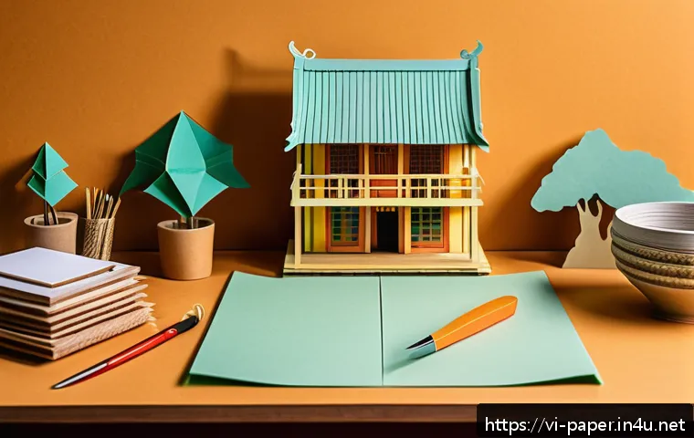 3D 종이모델 만들기 - A detailed 3D paper model crafting workspace in Vietnam, featuring various types of paper such as th...