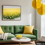 Home 20 종이공예 장식 아이템 - A cozy living room corner decorated with vibrant yellow and green paper flowers carefully crafted fr...