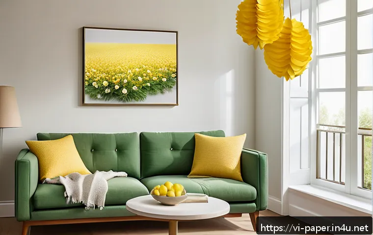 종이공예 장식 아이템 - A cozy living room corner decorated with vibrant yellow and green paper flowers carefully crafted fr...