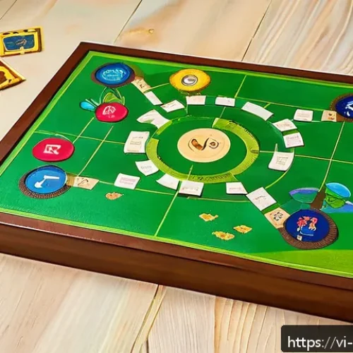 Home 31 종이로 만든 게임 소품 - A top-down view of a handcrafted board game setup on a wooden table, featuring a sturdy game board m...