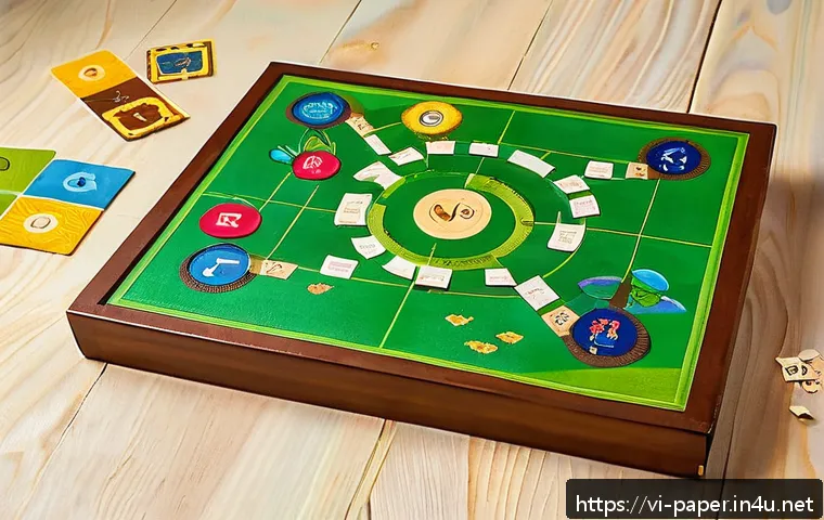 종이로 만든 게임 소품 - A top-down view of a handcrafted board game setup on a wooden table, featuring a sturdy game board m...