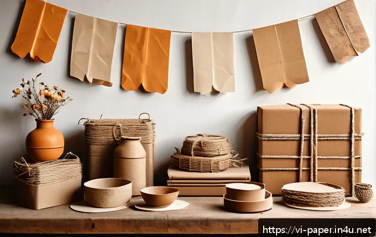 종이공예 작품을 위한 색상 조합 - A cozy vintage craft workshop scene featuring handmade paper products in earthy tones like warm brow...