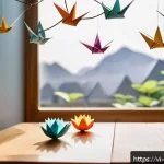 Home 23 종이로 만드는 소품 - A cozy Vietnamese living room corner decorated with colorful origami paper cranes and lotus flowers ...