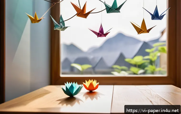 종이로 만드는 소품 - A cozy Vietnamese living room corner decorated with colorful origami paper cranes and lotus flowers ...