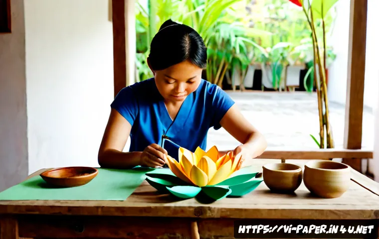 Home 17 종이공예 예술가 인터뷰 - Photorealistic editorial portrait of a Vietnamese paper craft artist in a sunlit Ho Chi Minh City st...